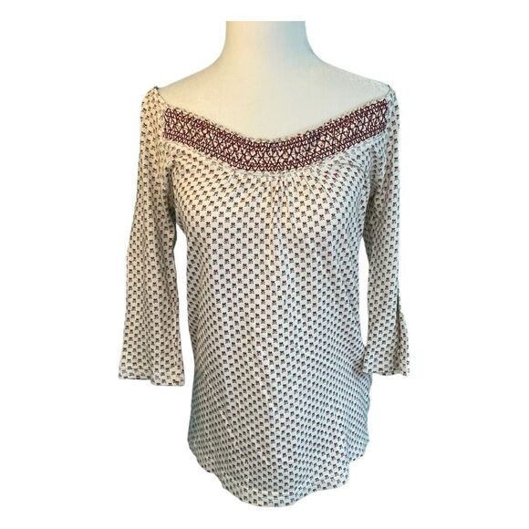 Loft Floral Print Top Ivory Maroon Green Knit Smocked Front 3/4 Sleeve S - Picture 1 of 8